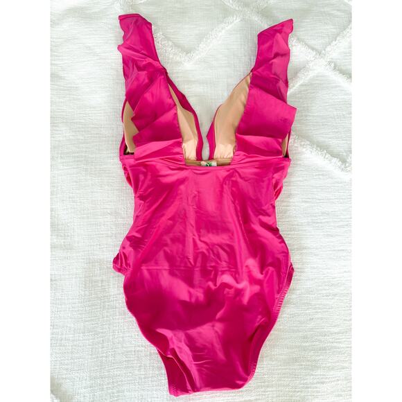 J. Crew | NWT | Ruched ruffle one-piece swimsuit in Radiant Fuchsia | Sz 10 - Picture 5 of 13